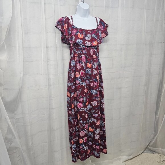 Lucky Brand Plum Floral Maxi Dress Cold Shoulder Boho Festival M - Picture 5 of 12